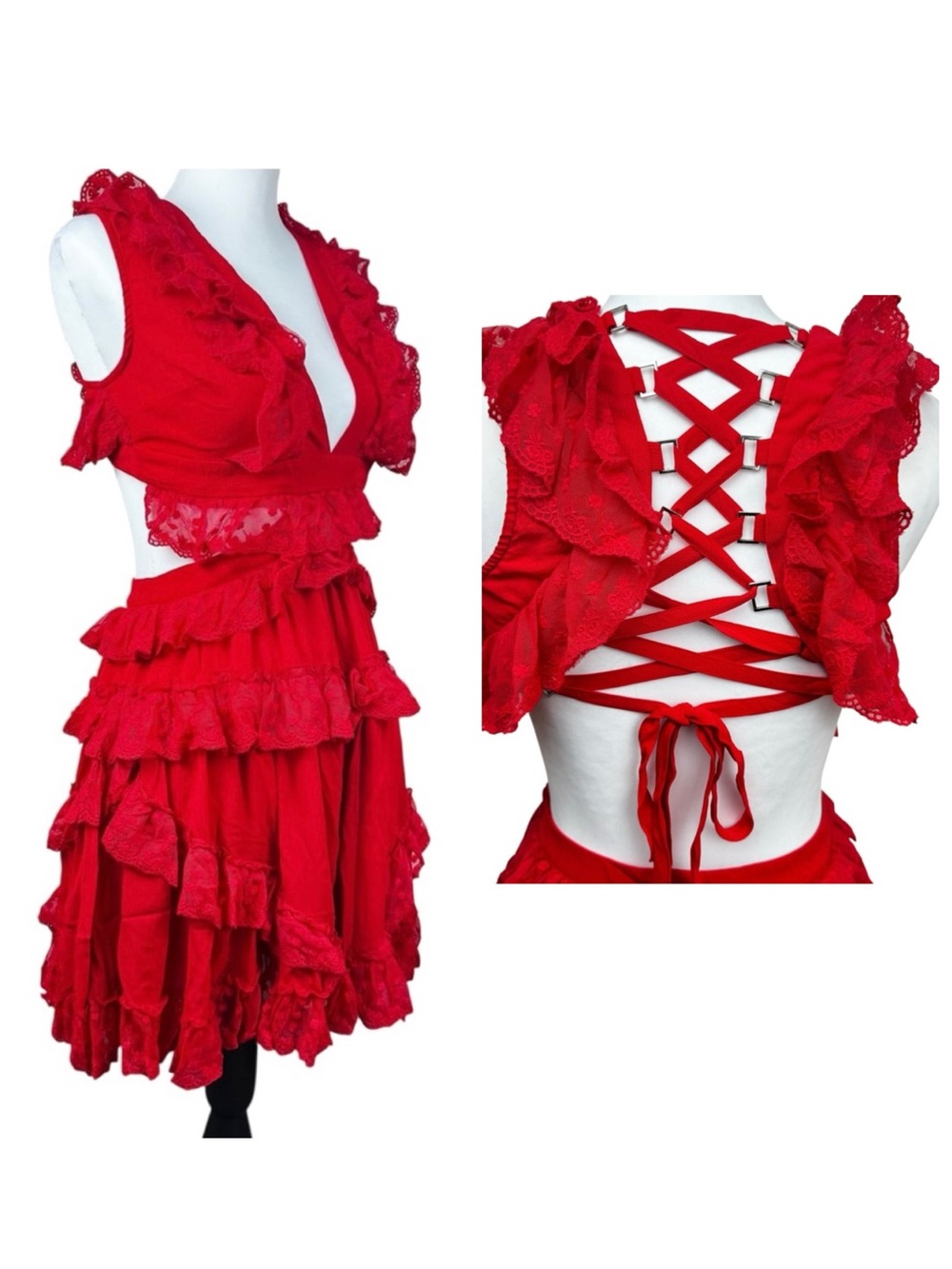 NWT L'ATISTE Red Lace Corset Open Back Ruffle Sexy Mini Dress Vegas Feminine